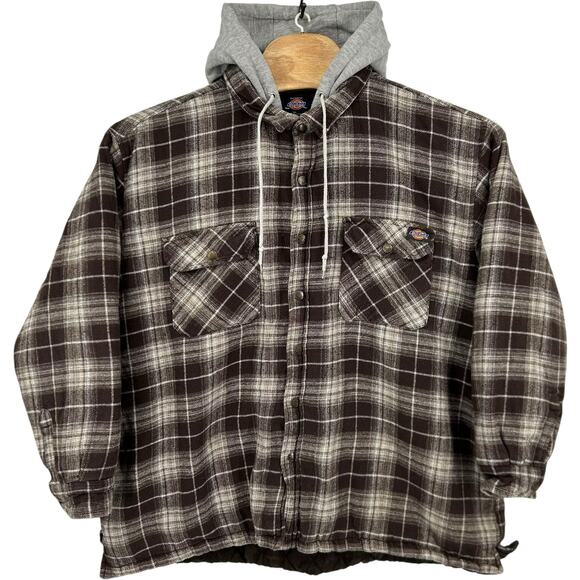 VTG y2k Men's Brown Flannel Plaid Dickies Quilt Lined Hooded Shacket Jacket 3XL - Picture 1 of 7